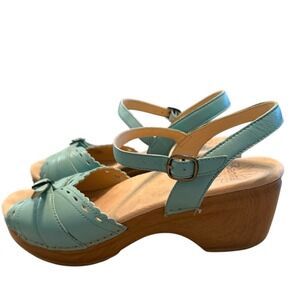 Sanita Dawn Turquoise Leather Wood Wedge Clog Sandals EU 41 US 10-10.5 Comfort